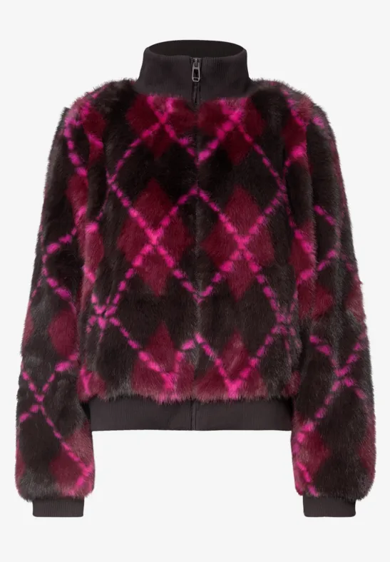 Kurzjacke aus Kunstfell mit Reißverschluss und pink-schwarzem Rautenmuster