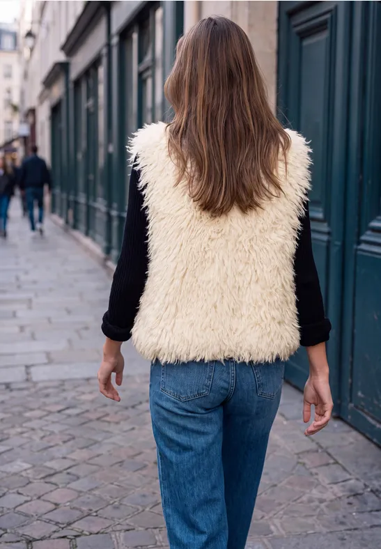 Rückansicht einer Person in flauschiger Weste, schwarzem Oberteil und Jeans auf gepflastertem Gehweg.