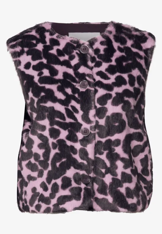 Ärmellose, flauschige Weste in Rosa mit schwarzem Leopardenmuster.