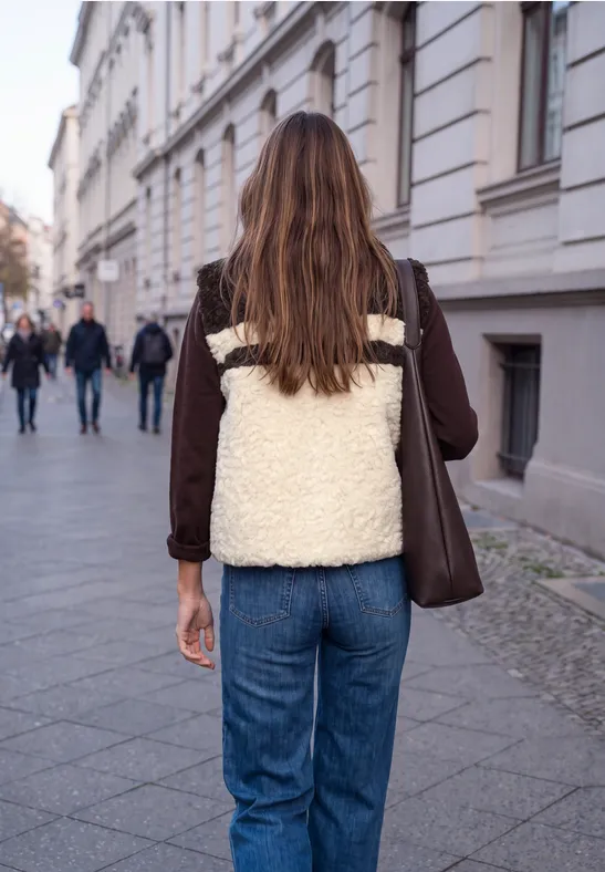 Eine Frau mit braunen Haaren, brauner Jacke und weißer Felltasche läuft eine gepflasterte Straße entlang.