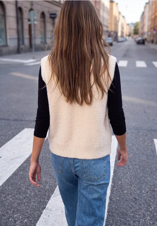 Eine junge Frau in Jeans und Weste geht auf einem städtischen Zebrastreifen die Straße entlang.