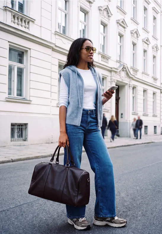 Frau mit Jeans, weißem T-Shirt und großer Reisetasche geht in der Stadt und schaut auf ihr Smartphone.