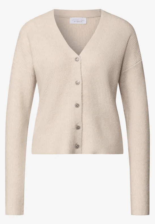 Beiger, kurz geschnittener Cardigan mit V-Ausschnitt und Knopfleiste