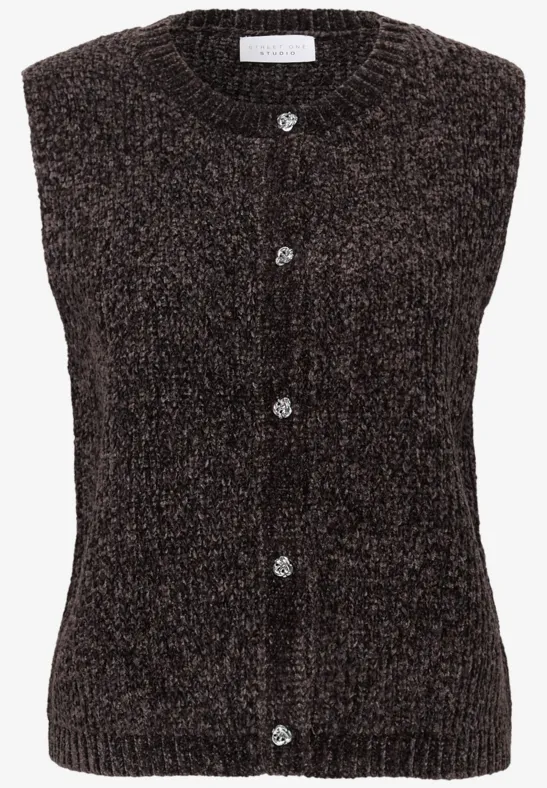 Braune, flauschige Strickweste ohne Ärmel mit Knopfleiste
