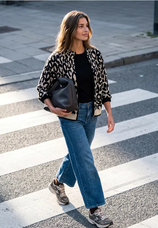 Eine Frau überquert einen Zebrastreifen, trägt eine Leopardenjacke, Jeans und Sneakers und hält eine schwarze Tasche.