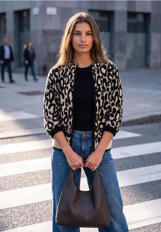 Eine Frau trägt eine Leopardenjacke, schwarzes Top und Jeans, hält eine Handtasche und steht draußen.
