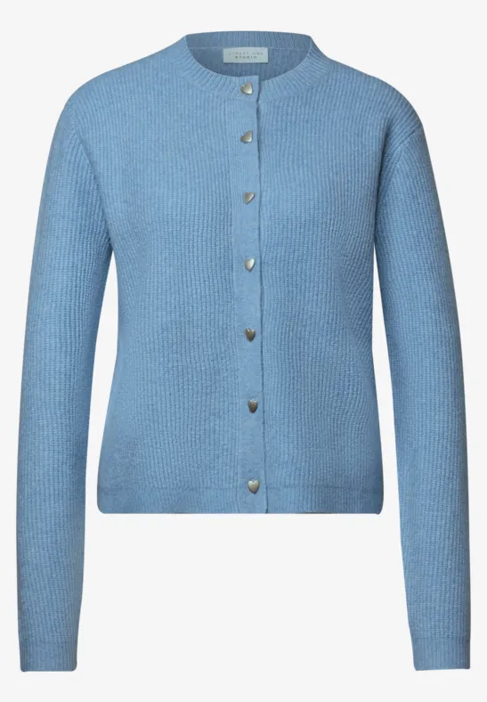 Helles blaues Feinstrick-Cardigan mit Rundhalsausschnitt und durchgehender Knopfleiste.