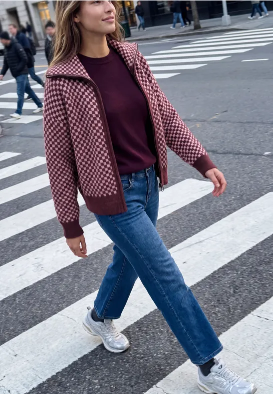 Eine junge Frau in roter Jacke, Jeans und Sneakern geht über einen Zebrastreifen auf der Straße.
