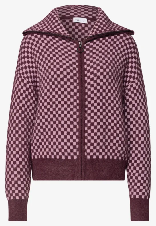 Strickjacke mit Kapuze und Reißverschluss, kariertes Muster in Bordeaux und Rosa.