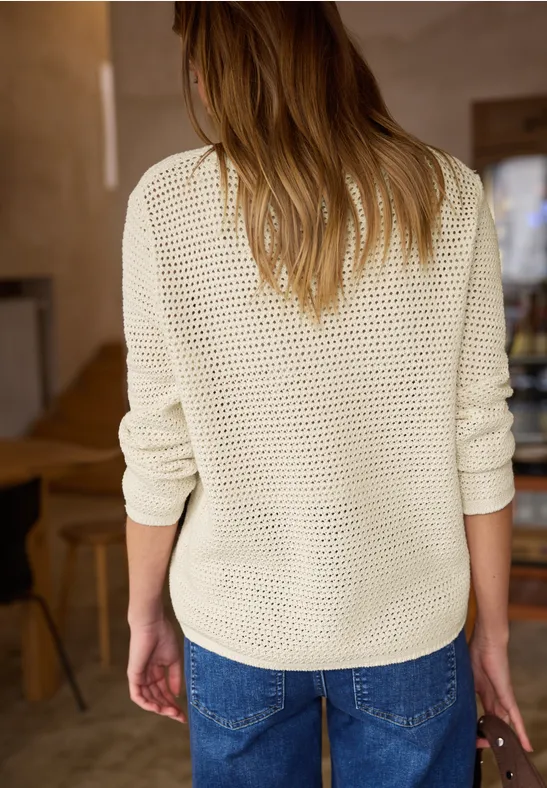 Pullover mit V-Neck und Lochmuster soft beige