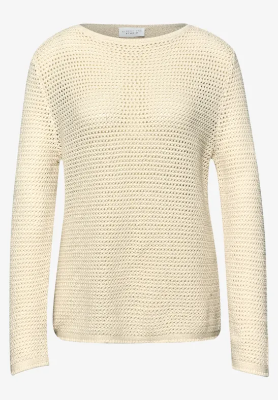 Pullover mit V-Neck und Lochmuster soft beige