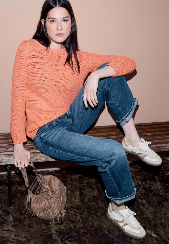 Pullover mit Lochmuster soft tangurine