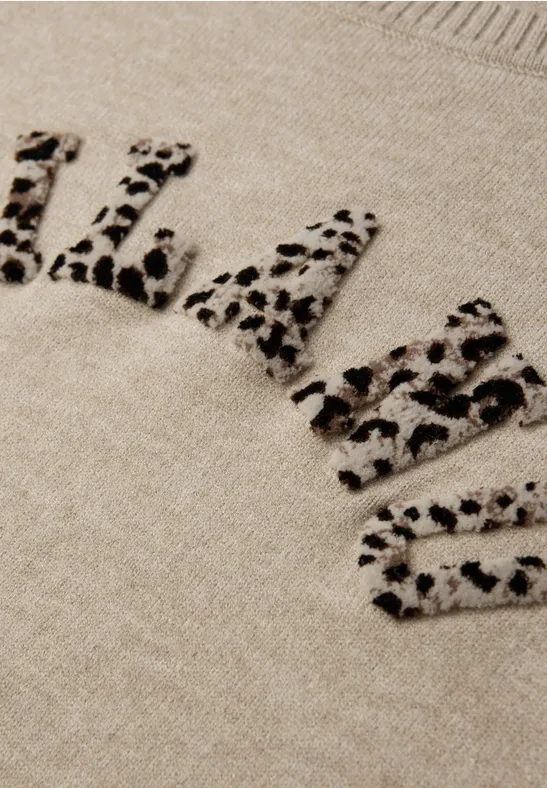 Trui met leo-opdruk buffed beige mel.