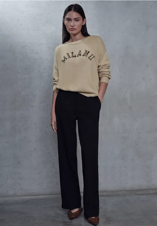 Trui met leo-opdruk buffed beige mel.