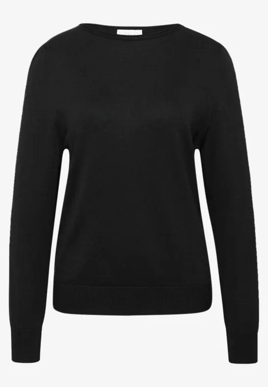 Schwarzer Pullover mit Rundhalsausschnitt und langen Ärmeln.