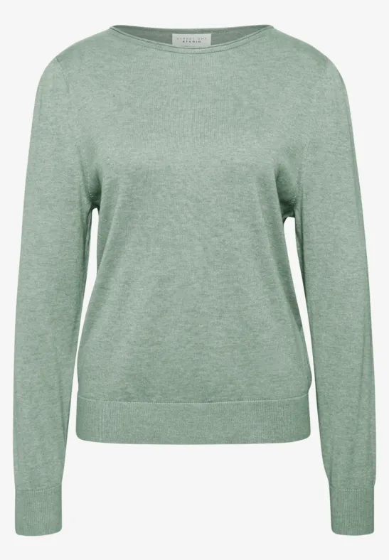 Grün melierter Pullover mit Rundhalsausschnitt und langen Ärmeln