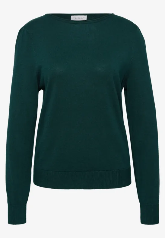 Dunkelgrüner, schlichter Pullover mit Rundhalsausschnitt und langen Ärmeln.