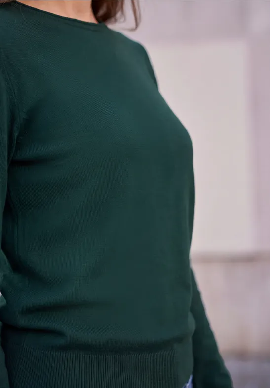 Eine Person trägt einen dunkelgrünen Pullover, nur Oberkörper sichtbar.