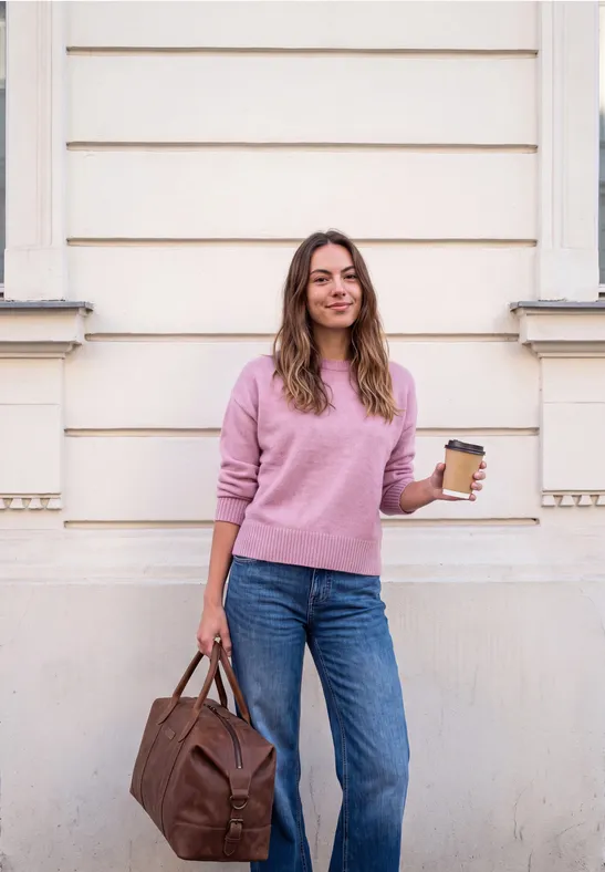 Junge Frau in Jeans und rosafarbenem Pullover mit Tasche und Kaffee vor heller Hauswand.