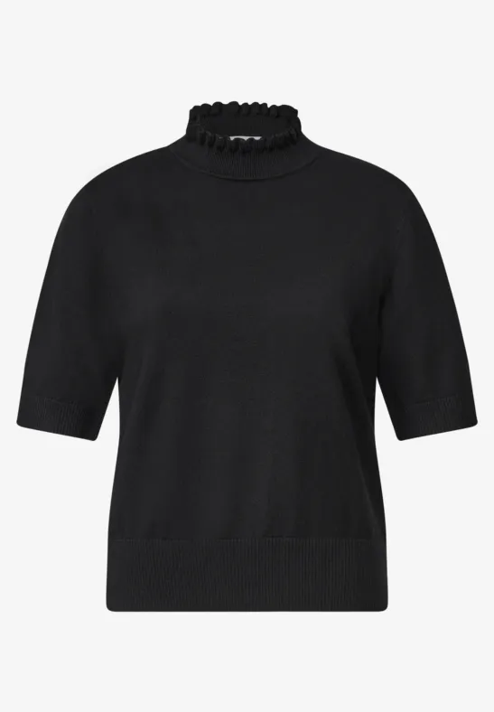 Schwarzer Kurzarm-Strickpullover mit hohem Kragen und geradem Schnitt.