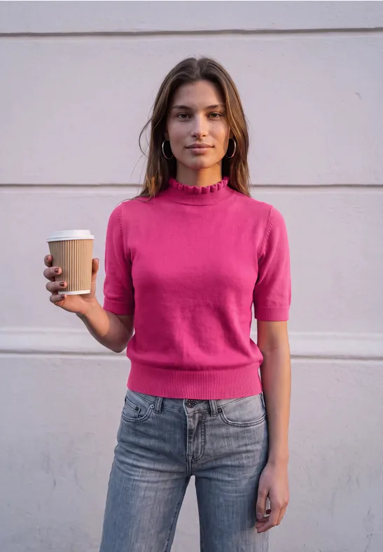 Frau in rosafarbenem Pullover lehnt an weißer Wand und hält Coffee-to-go-Becher