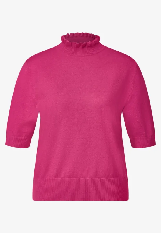 Fuchsiafarbener Kurzarmpullover mit Rüschenkragen und Rippbund