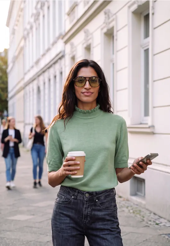 Frau in grünem Pullover mit Kaffee und Smartphone spaziert fröhlich an einer Hellhausfassade entlang.