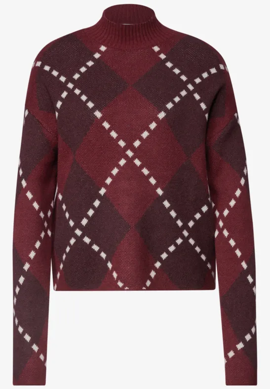 Dunkelroter Pullover mit argyle Karomuster und hohem Rundhalsausschnitt