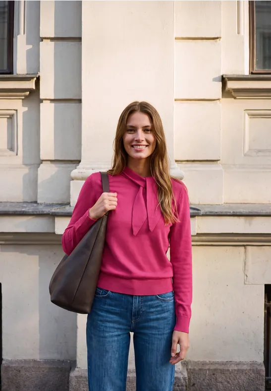 Eine lächelnde Frau in pinkem Hoodie und Jeans mit einer Tasche steht vor einer Hausfassade.