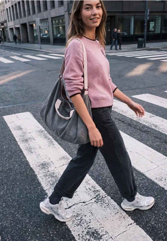 Junge Frau überquert Zebrastreifen in der Stadt, trägt rosa Pullover, Jeans, weiße Sneaker und graue Tasche.