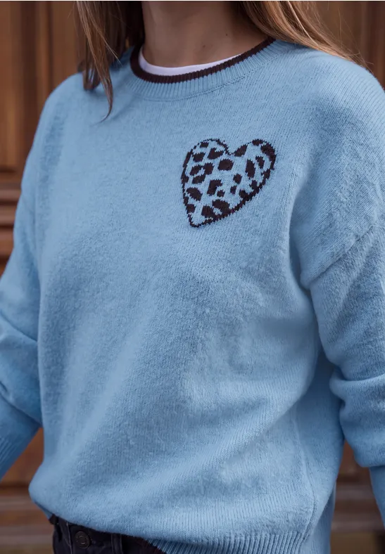 Eine Person trägt einen hellblauen, flauschigen Pullover mit einem Leo-Herzpatch auf der Brust.