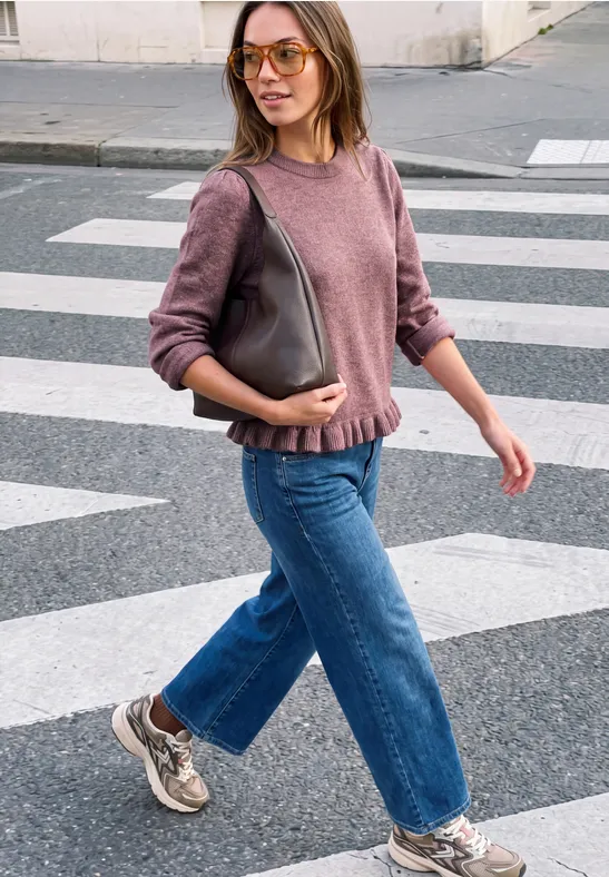Frau mit Pullover, Jeans und Sneakers überquert Zebrastreifen, trägt Schultertasche und Brille.