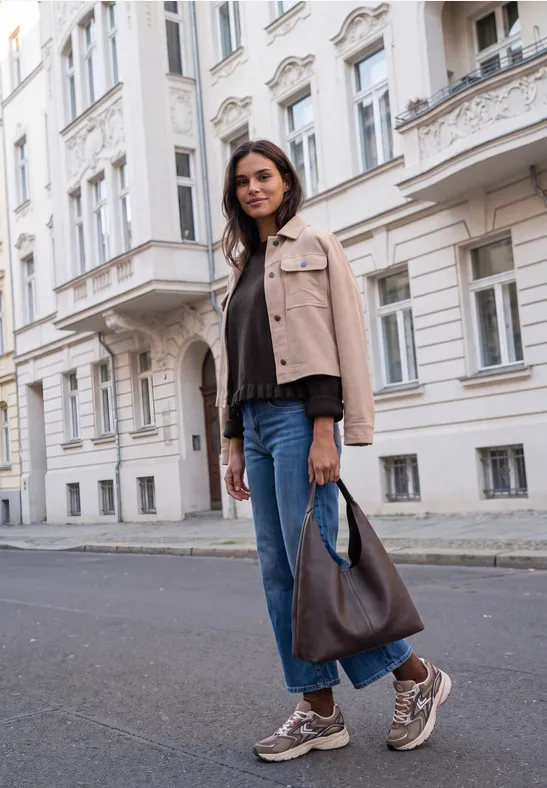Junge Frau mit heller Jacke, Jeans und Sneakern, die eine Tasche hält, vor weißem Stadthaus.