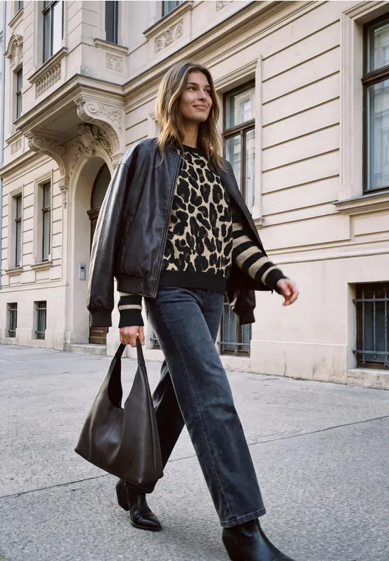 Eine Frau in Lederjacke, Leopardenpullover und Jeans trägt eine schwarze Tasche und geht an einer Altbaufassade vorbei.