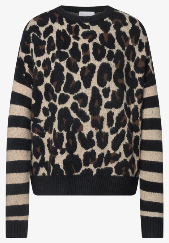 Pullover mit Leopardenmuster in Beige und Schwarz, gestreifte Ärmel