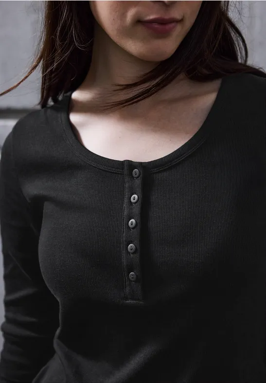 Rippshirt mit Knopfdetail Black