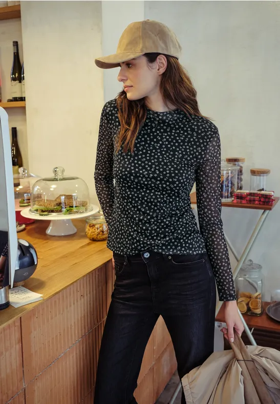 Gemustertes Mesh-Shirt Black