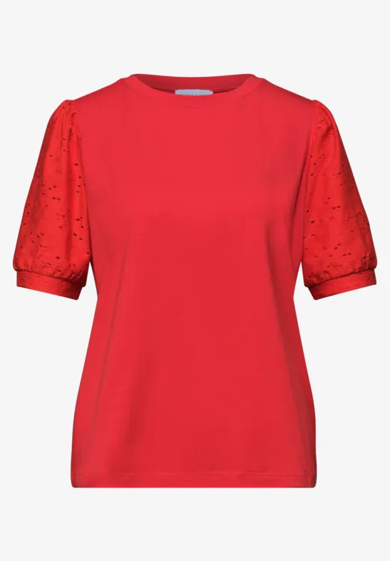 T-Shirt mit Rundhals und Spitzenärmeln chili red