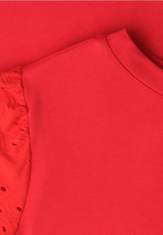 T-Shirt mit Rundhals und Spitzenärmeln chili red