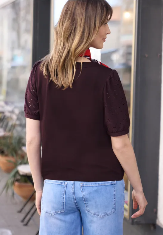 T-Shirt mit Rundhals und Spitzenärmeln very berry