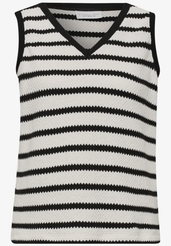 Ärmelloses Top mit V-Ausschnitt und schwarz-weißen Horizontalstreifen.