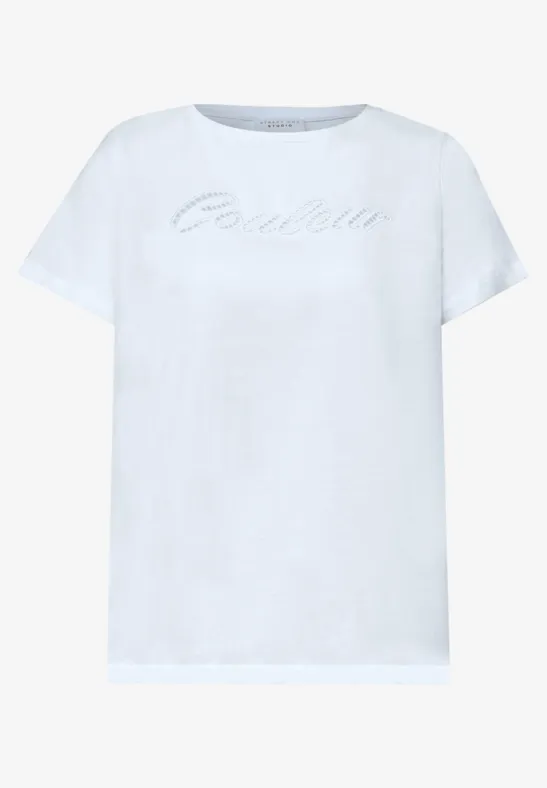 Weißes T-Shirt mit kurzen Ärmeln und dezentem Aufdruck in geschwungener Schrift.
