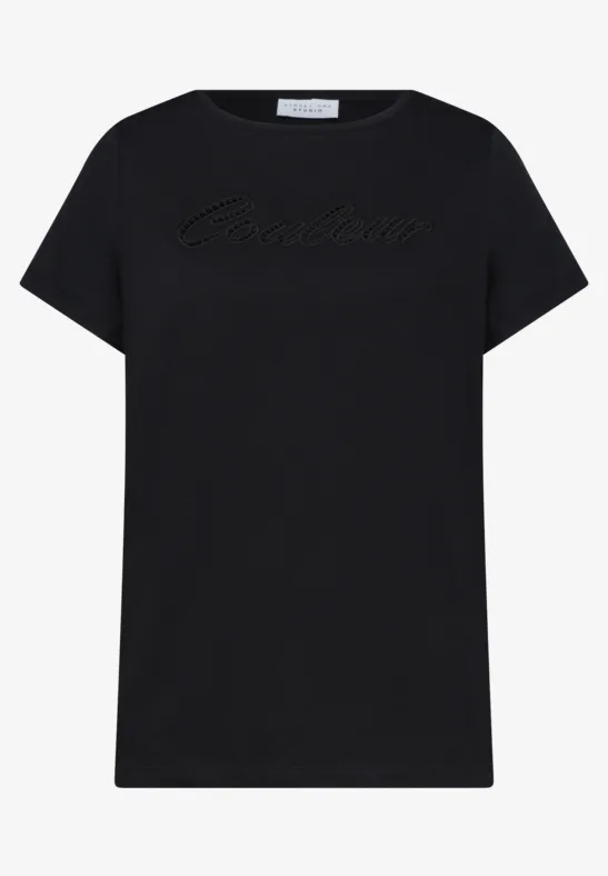 Zwart T-shirt met korte mouwen en tonale opdruk op de borst.