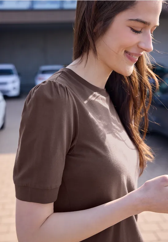 Koszulka z okrągłym dekoltem i bufiastymi rękawami mahogany brown