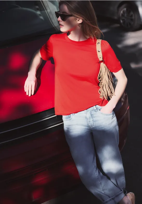 T-Shirt mit Rundhals und Puffärmeln torch red