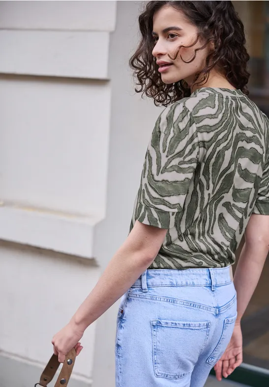 T-Shirt mit Rundhals und Puffärmeln Lichen Green