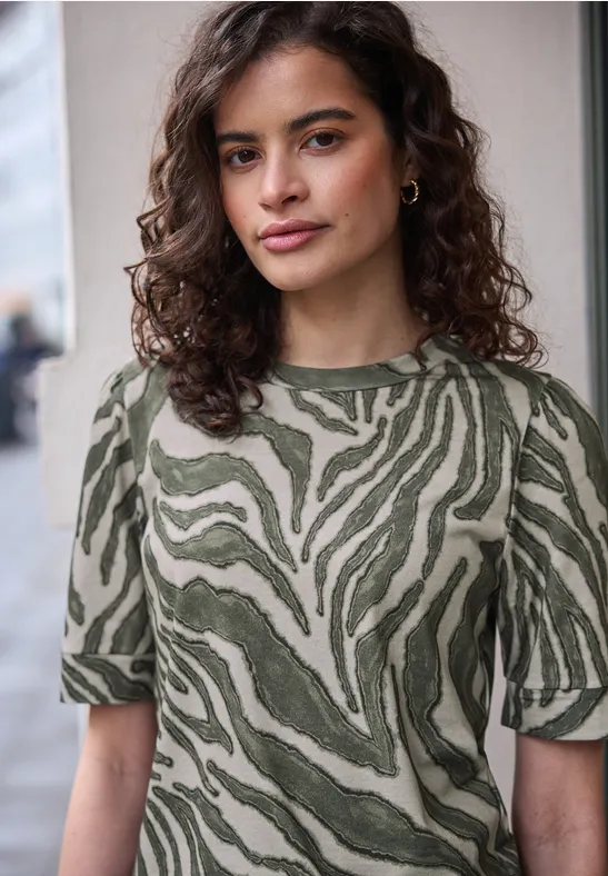 T-Shirt mit Rundhals und Puffärmeln Lichen Green