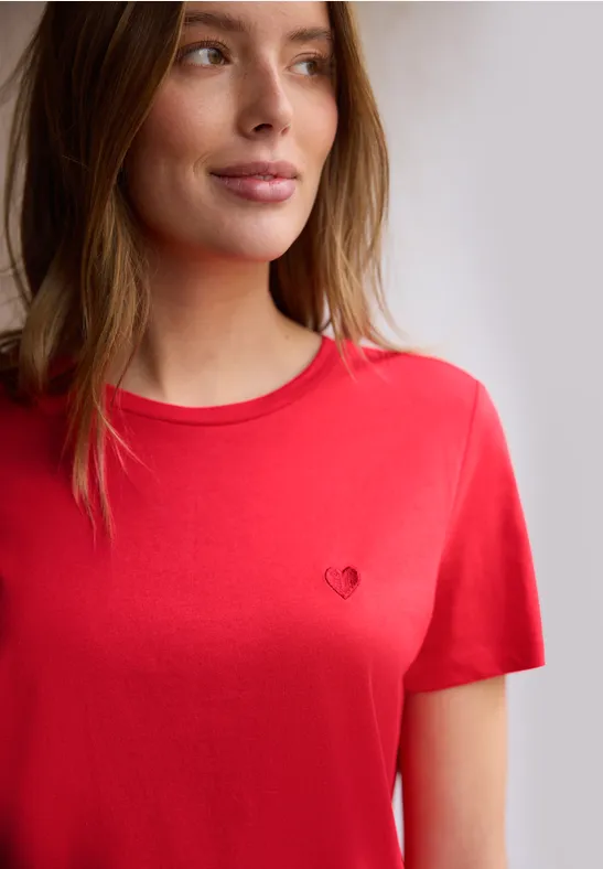 T-Shirt mit Rundhals und Stickerei torch red