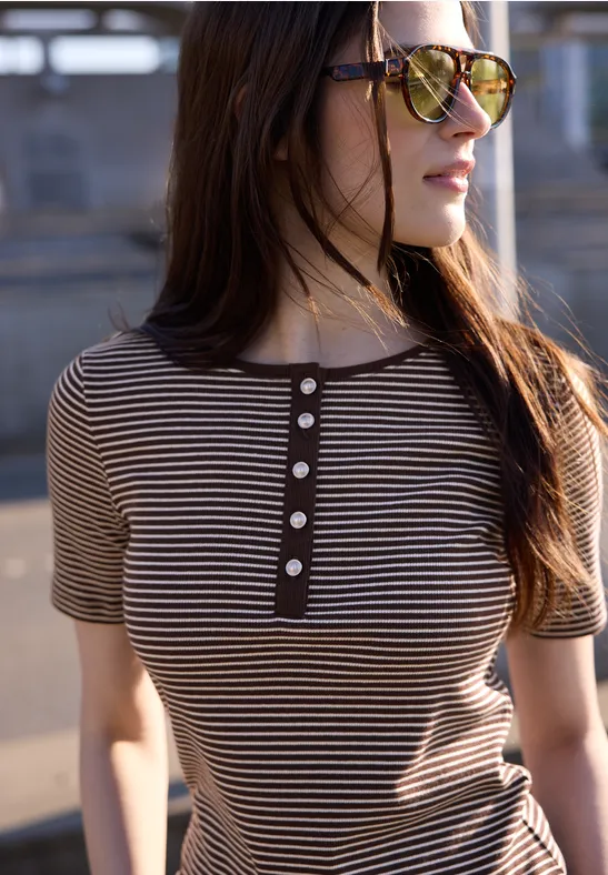 Shirt met ronde hals en knopen mahogany brown