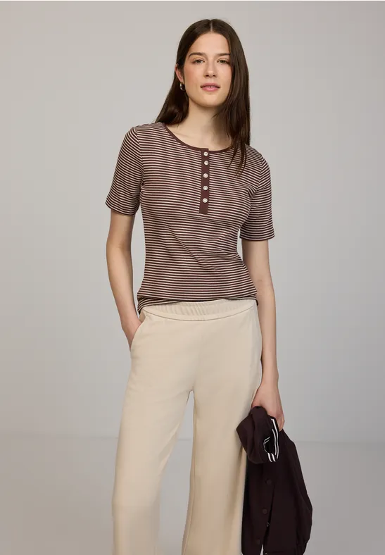 Shirt met ronde hals en knopen mahogany brown